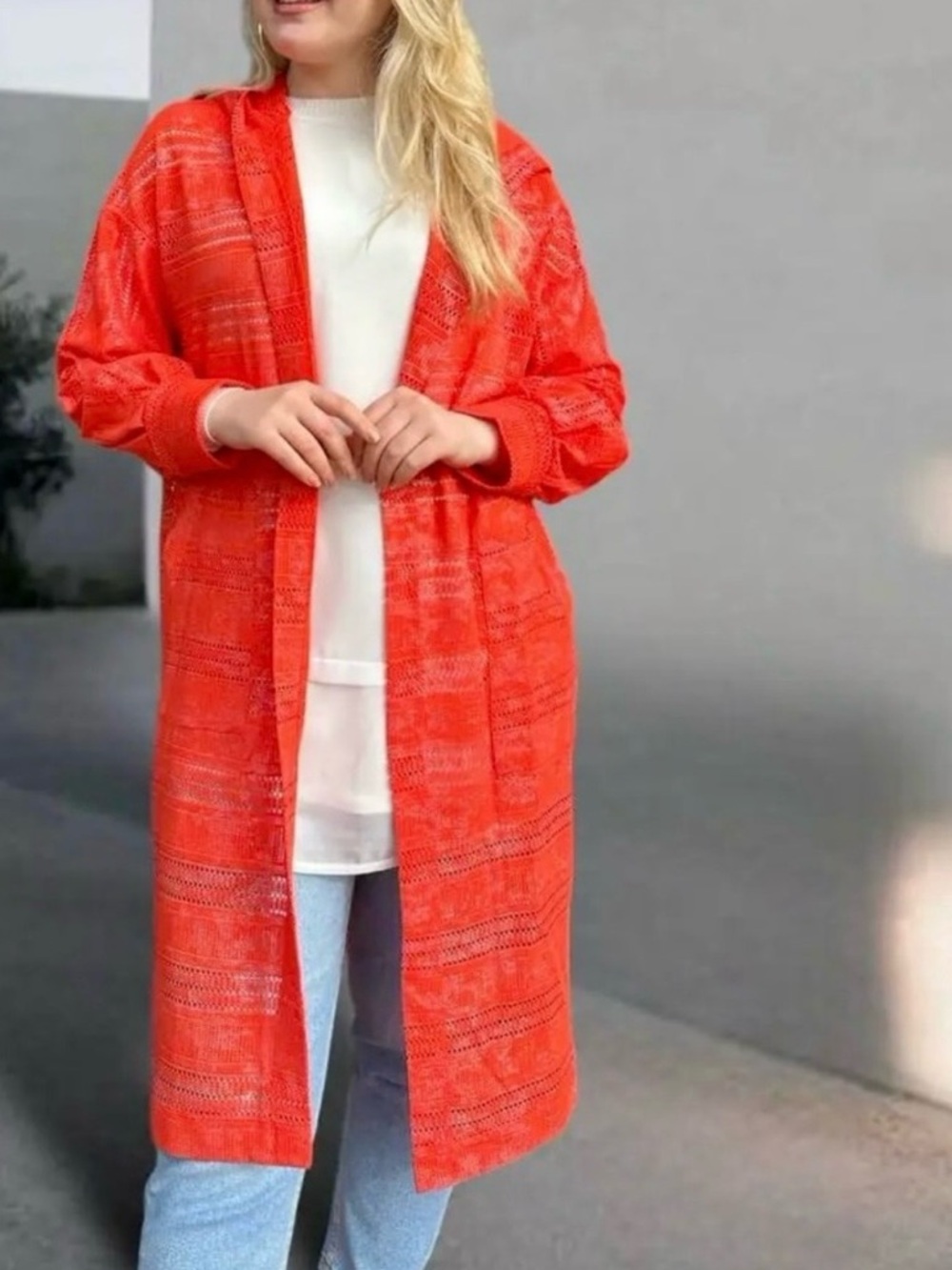 PETER NYGARD Bright Orange Crochet Knit Long Cardigan or Swim Coverup